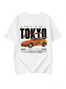 Women's Summer Fashion Short Sleeve T-Shirt Casual Outdoor Fashion T-Shirt 'Tokyo Automobile' Print Loose Casual Women's T-Shirt - 白色 - 查看 3