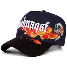 1 pieza Gorra de béisbol con bordado de calavera con letra gótica y llama, gorra curva de estilo callejero para papá - A - Ver 9