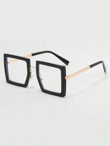 1pc Women's PC Large Frame Square, Gold Plastic Combo, Commuter, European & American Personality, Face-Slimming, Light Non-Prescription Glasses, Suitable For Daily Use - 黑色 - 查看 2