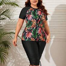 Swim Lushore 2pcs Plus Size Women Summer Random Print Short Sleeve Cropped Top And Shorts Bikini Swimsuit, Casual Vacation - Negro - Ver 6