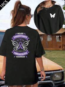Fibromyalgia Awareness Support T-Shirt, 220 G/M² Cotton T-Shirt With Double-Sided Print, Round Neck, Casual Style For Women (1 Piece) - 黑色 - 查看 6