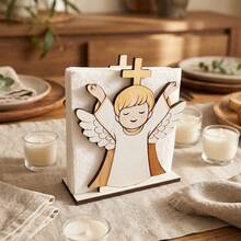 1pc European Religious Theme Wooden Tissue Holder. Guardian Angel Design Upright Paper Napkin Rack Dispenser. For Home Kitchen Restaurant Cafe Dining Room Table Centerpiece. Farmhouse Style Creative Holy Blessing Church Event Birthday And Wedding Party Supplies. - Multicolor - View 4