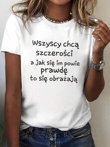 Camiseta casual de mujer con cuello redondo y estampado en polaco - Manga corta, ligera, top de verano y primavera, blanca con letras negras, ropa casual | Top de cuello redondo | Camisa ligera - Blanco - Ver 6