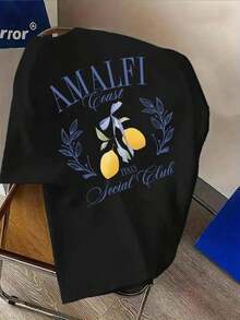Italian Amalfi Coast Lemon Y2K Pattern 180g Combed Cotton Crew Neck T-Shirt, High-Quality Printed Unisex T-Shirt, Low Stretch, Regular Fit - Black - View 3