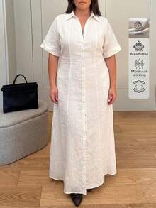 Plus Size Women Linen Elegant Vintage Style Casual Commute Minimalist Office Daily Linen Dress, Summer Dresses, Elegant Dresses For Women White - White - View 4