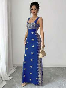 YHHSHEIN Raffinéa Vestido de verano nuevo para mujer, dorado brillante y negro, con cuello cuadrado, tirantes de espagueti, espalda descubierta, bajo con abertura, ajustado de cintura alta, adecuado para fiestas, bodas, banquetes de negocios, ocasiones diarias, galas, fiestas de boda y atuendos festivos. YHH - Azul marino - Ver 4