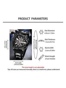 2PCS Featuring A Bold, All-Black Aesthetic, This Timepiece Combines A Spliced ​​Silicone And Metal Strap With A Dial Textured In A Mechanical Style. Powered By A Precise Quartz Movement - Black - View 5