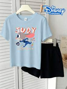 100% Cotton Disney Licensed Girls Judy Hopps Set - Bold Print Short Sleeve T-Shirt & Elastic Shorts For Kids,Daily Casual Wear, Minimalist Commute Style, Apparel For Teenage & Older Girls, Girls Short-Sleeve Set, Kids Two-Piece Outfit - Baby Blue - View 9