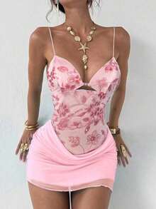 Nuevo vestido camisero romántico y sexy con cuello en pico, contraste de malla brillante y shorts, mini vestido anti-destellos - Rosa Pálido - Ver 8