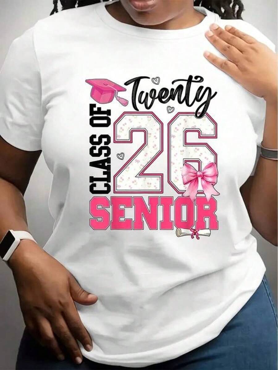 2026 Senior Graduation T-Shirt - Black With Pink Bow & Twenty Twenty Six Design, Casual Crew Neck Tee For Unisex, Perfect For Halloween, Christmas, Valentine'S Day, Graduation Apparel Playful GrRopa De Mujer / Ropa De Mujer De Uso Diario / Blusas, Camisas Y Camisetas De Mujer / Camisetas De Mujer Ropa Deportiva Basicos Mujer Short Playeras Para Hombre - Blanco - Ver 1