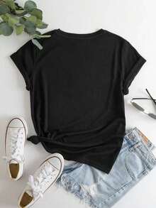 Women's Casual, Versatile, Short-Sleeved T-Shirt With Round Neck And Slogan Print, Summer Color, Pure-Cotton - Black - View 2