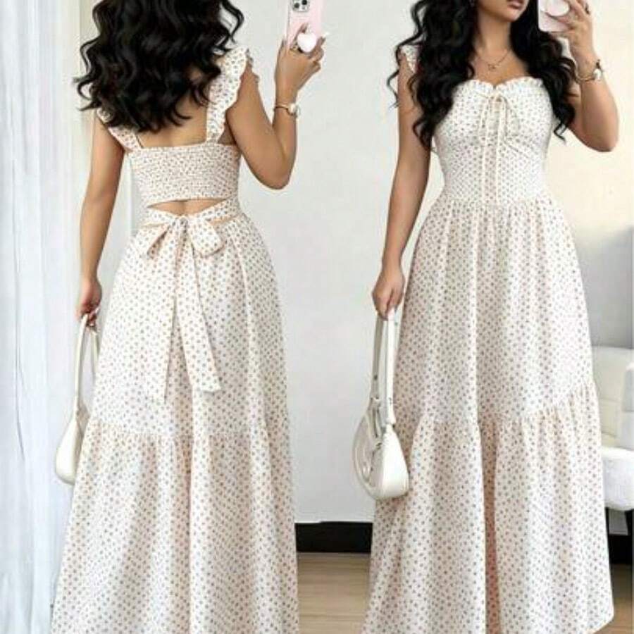 French Elegant Casual Vacation Square Neck Lotus Leaf Flying Sleeves Polka Dot Print Texture Plaid Woven Chiffon Material Back Tie Pleated Large Skirt Spring And Summer Red Women Dress Summer Summer Women Skirt Long Skirt Vacation Dress Women Polka Dot Dress Elegant Women Dress Women Summer Dress Red Dress Flowing Skirt Summer Dress - Albaricoque - Ver 1