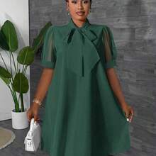 Maweii Plus Size Women Loose Mesh Patchwork Bow Design Vacation Dress, Spring/Summer Orange - Verde Oscuro - Ver 2