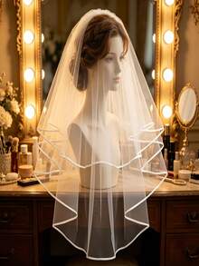 Double-Layer Satin Edged Soft Tulle Bridal Veil, Minimalist Elegant Wedding Ceremony Accessory - Multicolor - View 5