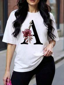 Oversized White T-Shirt With Floral Initial Print A, Casual Short Sleeve T-Shirt With Black Lettering And Red Roses, Custom Monogram Loose Blouse, Aesthetic Urban Fashion NB86 U121 - 黑色 - 查看 8