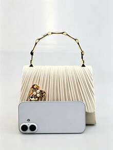 Beige Pleated Evening Clutch Bag With Pearl Flower Decor & Bamboo-Style Metal Handle, Detachable Chain Crossbody Purse For Wedding & Cocktail Party - Apricot - View 7
