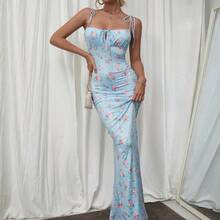 Women's Floral Print Ruched Front Tie Fitted Elegant Dress Vacation Party Summer - Azul y blanco - Ver 7