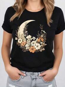 1 pieza de moda casual para hombres y mujeres. Camiseta casual con estampado de luna y flores para mujer. Versátil, fácil de combinar, adecuada para el uso diario, estilo urbano, conjuntos de vacaciones, conjuntos de fin de semana. - Negro - Ver 6