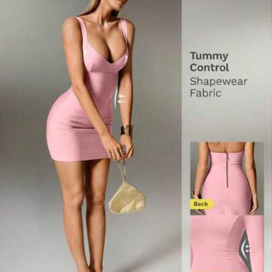 Sexy Solid Color Knit Spaghetti Strap Sleeveless Mini Dress, Bodycon Party Holiday Dress For Women Tummy Control Dress Shapewear Dress Bandage Dress For Women White Dress - Rosa Pálido - Ver 1