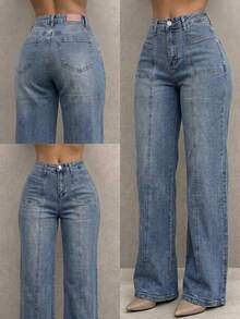 Pantalón De Mezclilla Stretch Mujer Corte Wide Leg Con Quiebre - Lavado ligero - Ver 1