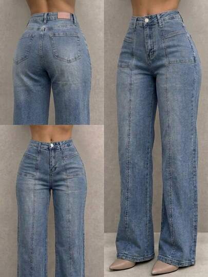 Pantalón De Mezclilla Stretch Mujer Corte Wide Leg Con Quiebre