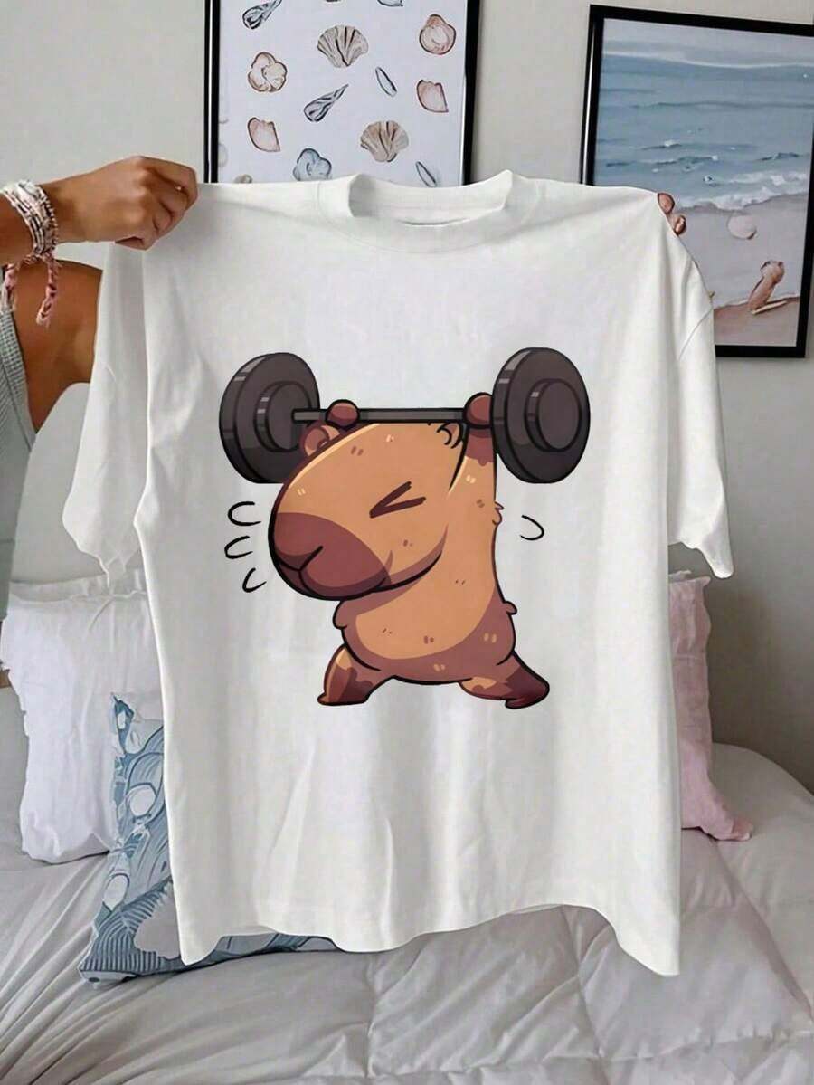 Diseño simple y versátil, camiseta de manga corta con cuello redondo para mujer, con estampado de capibara, de algodón puro. - Blanco - Ver 1