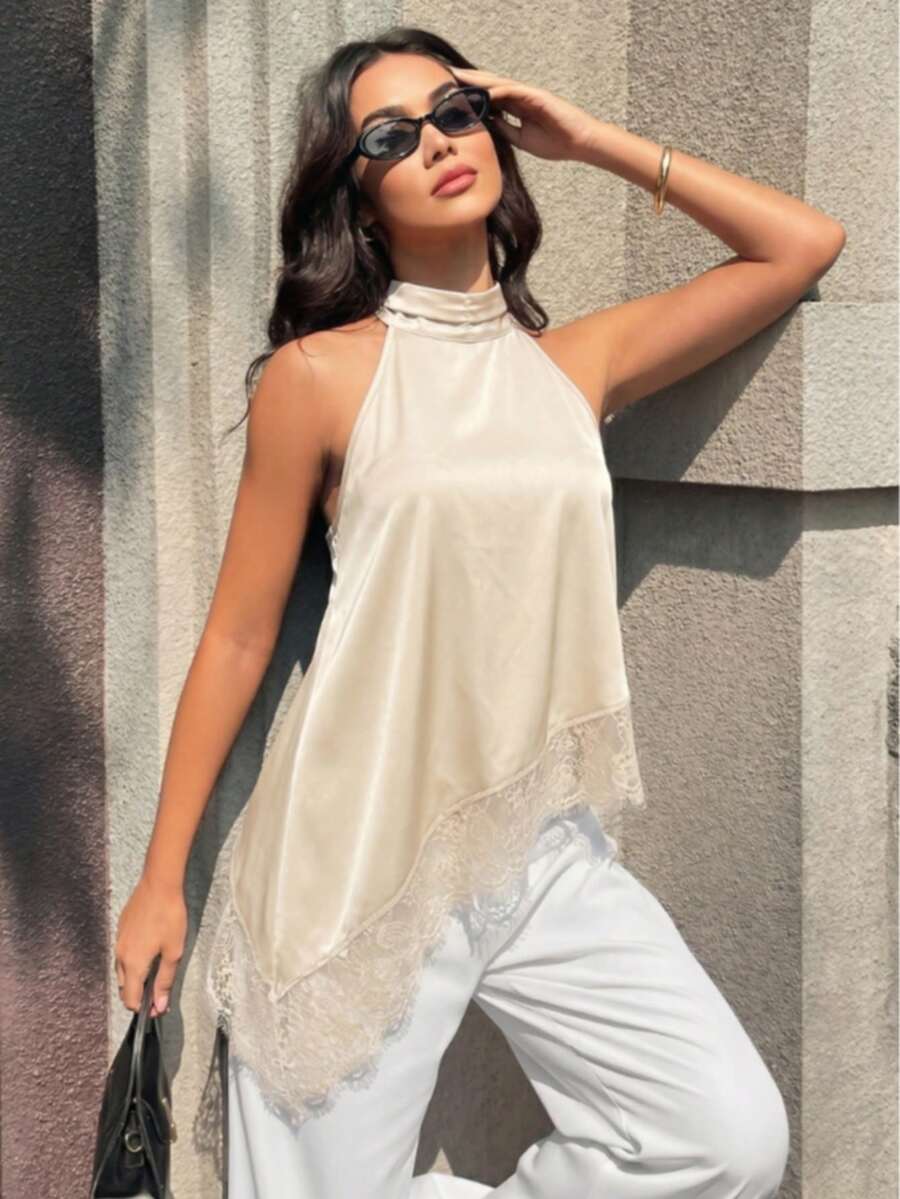 Women's Black Camisole Top, Asymmetric Hem, Backless Design, Contrast Lace Trim, Regular Length Summer - Apricot - View 1