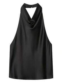 Camiseta sin mangas de satén con cuello alto y estilo Y2K, unicolor, linda ropa de calle para el verano en color rosa, informal - Negro - Ver 6