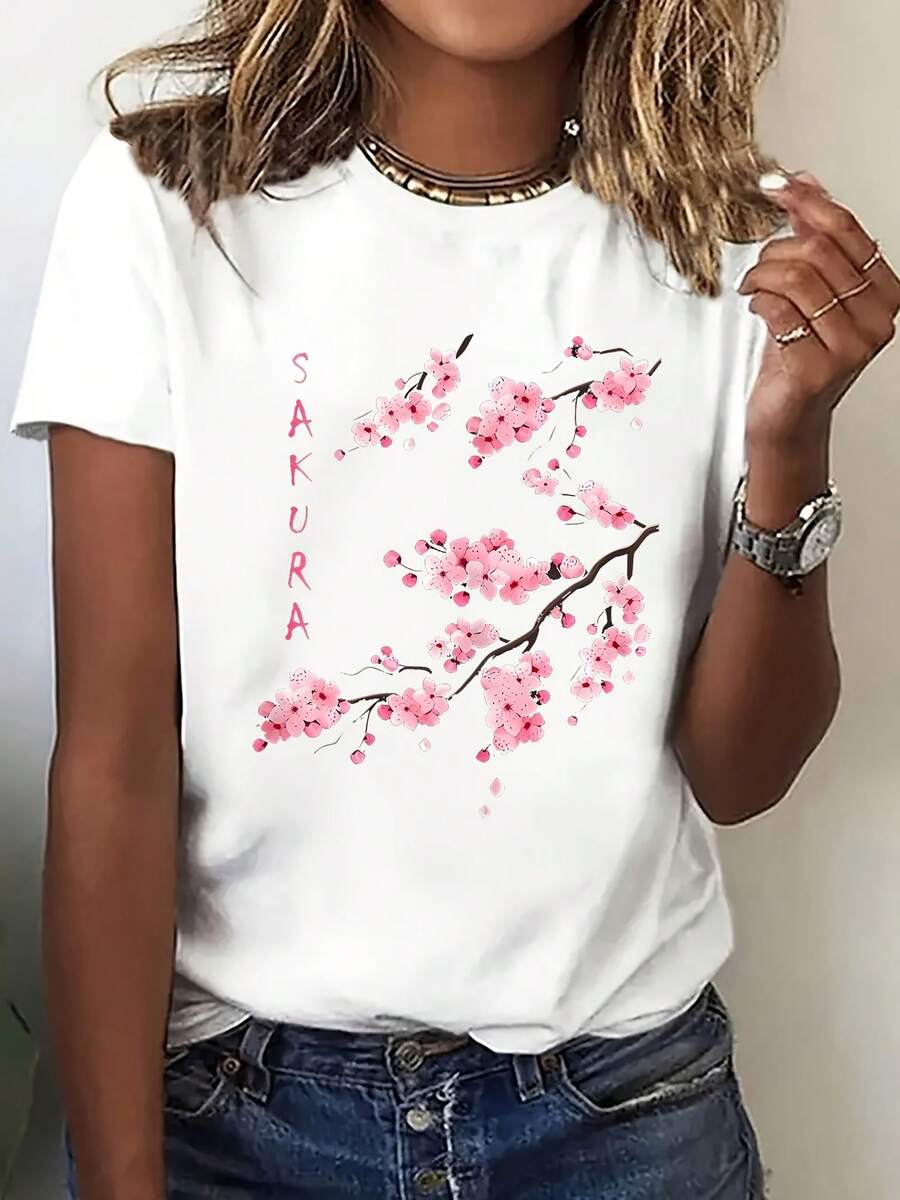 Elegant Short-Sleeved T-Shirt For Women With Cherry Blossom Print - Fresh Spring Print, Easy-To-Wear Casual Round Neck Top, Breathable And Comfortable, Perfect For Dates, Get-Togethers With Friends, And Everyday Wear, Showcasing Your Fashionable Style. Suitable For All Seasons - 白色 - 查看 1