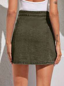 Falda midi vaquera informal, de moda y adecuada para uso diario - Verde militar - Ver 2