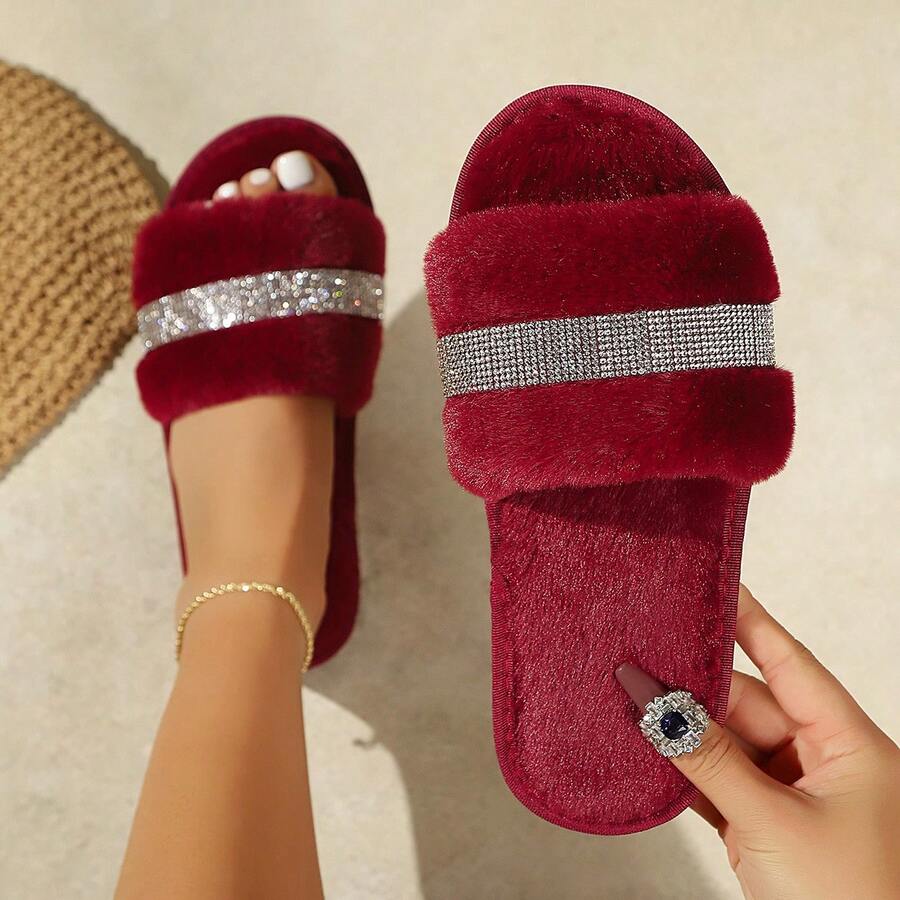 LANGRUIER New Solid Color Bohemian Crystal Embellished Open Toe Flat Slippers, Soft Sole Indoor Outdoor Versatile All Season Wear