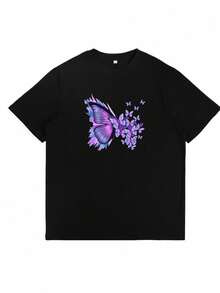 Camiseta de Mujer con Estampado Mariposa Blanco y - Camisa Ligera Transpirable, Cuello Redondo Suelto para Primavera Verano Otoño, Uso Diario o Semi-Formal Lavable a Mancha en Tono Morado/Rosa/Azul Melocotón Vibrante. Diseños Digitales Relajados Cómodos Todo el Año, Moda Pullover Ideal Para Capas u Usar Sola - Negro - Ver 1