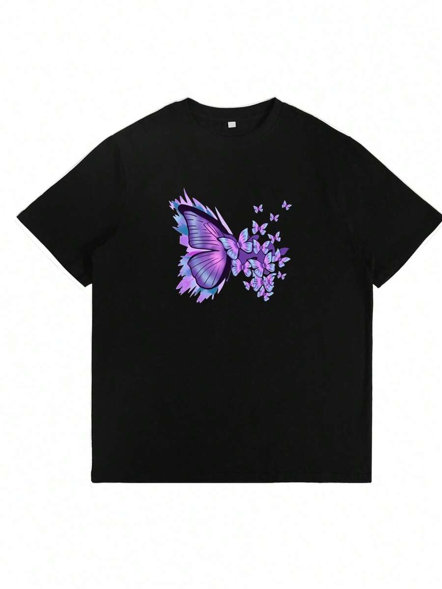 Camiseta de Mujer con Estampado Mariposa Blanco y - Camisa Ligera Transpirable, Cuello Redondo Suelto para Primavera Verano Otoño, Uso Diario o Semi-Formal Lavable a Mancha en Tono Morado/Rosa/Azul Melocotón Vibrante. Diseños Digitales Relajados Cómodos Todo el Año, Moda Pullover Ideal Para Capas u Usar Sola - Negro - Ver 1