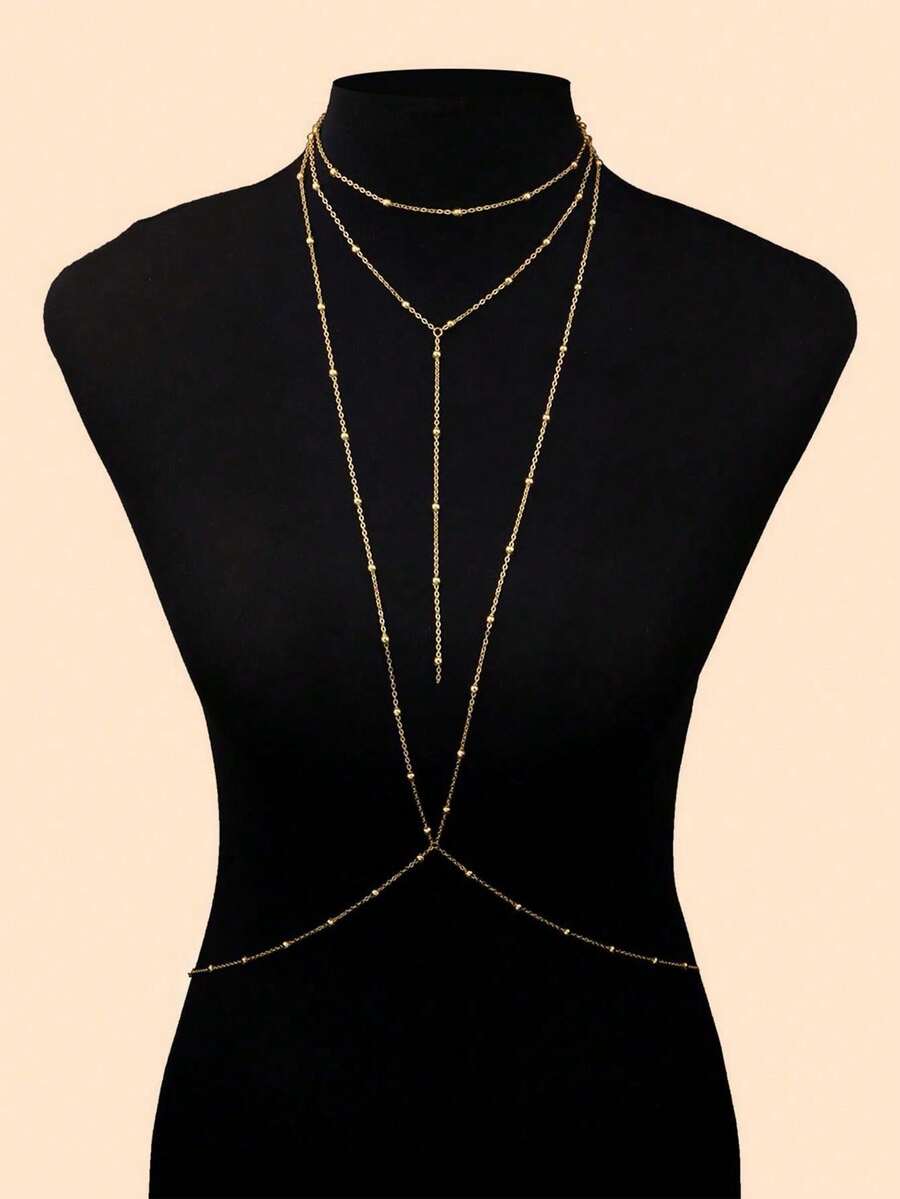1pc Bohemian Style Sexy Personalized Bikini Bra Body Chain Women's Body Jewelry Beaded Chain Accessory (Material Is Iron, Please Do Not Touch Water To Avoid Rusting) - Y-shaped Cross-beads - View 1