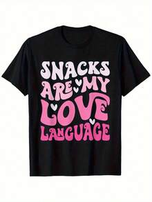 1 Camiseta Divertida para Mujer "Los Snacks Son Mi Lenguaje de Amor" Negra con Texto Rosa y Corazones, Camiseta Casual y Cómoda para el Día a Día, Regalo de Cumpleaños, Fiestas, Oficina, Ropa Divertida para Amantes de la Comida, Diseño Juguetón - Negro - Ver 1