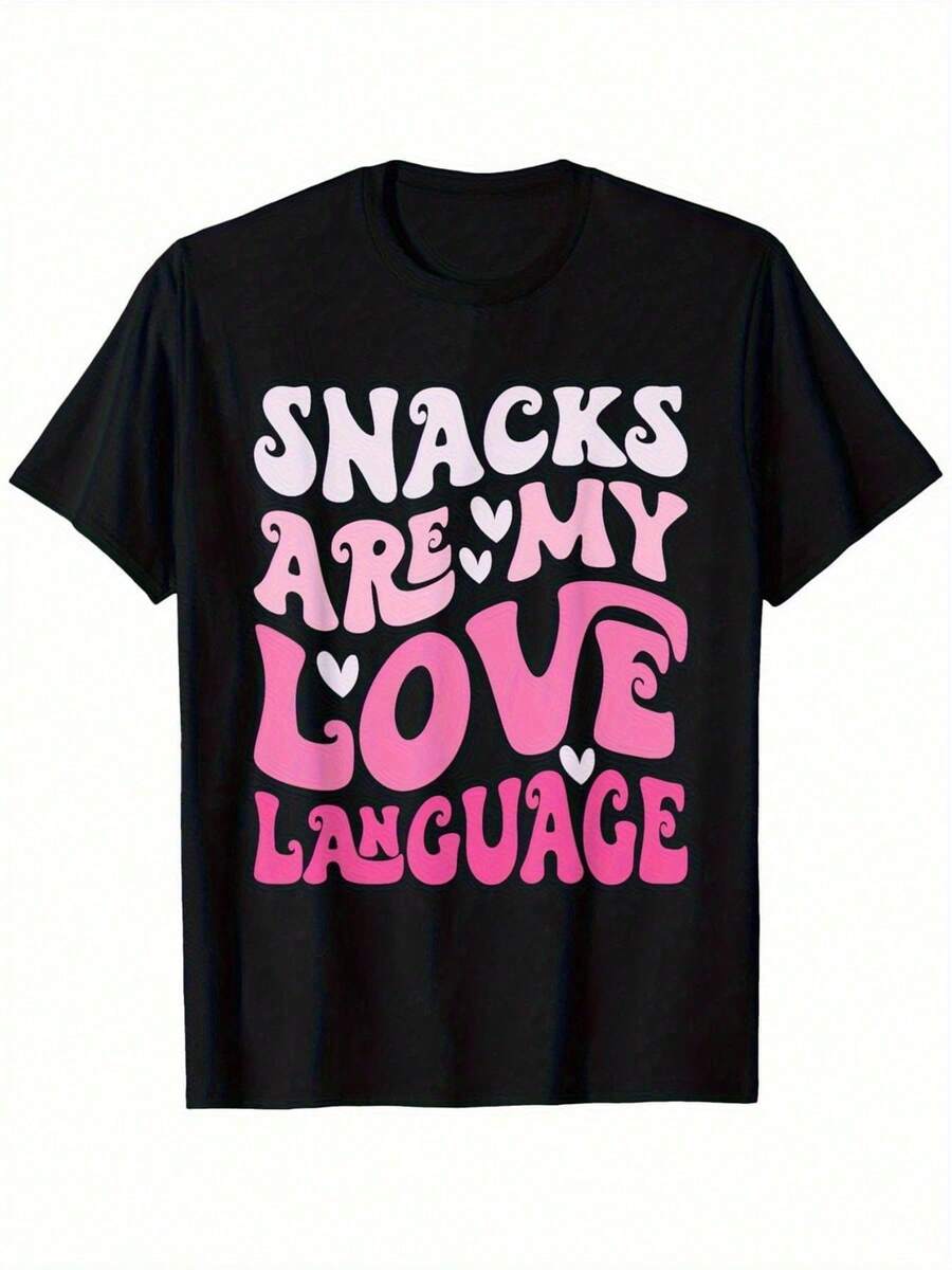 1 Camiseta Divertida para Mujer "Los Snacks Son Mi Lenguaje de Amor" Negra con Texto Rosa y Corazones, Camiseta Casual y Cómoda para el Día a Día, Regalo de Cumpleaños, Fiestas, Oficina, Ropa Divertida para Amantes de la Comida, Diseño Juguetón - Negro - Ver 1