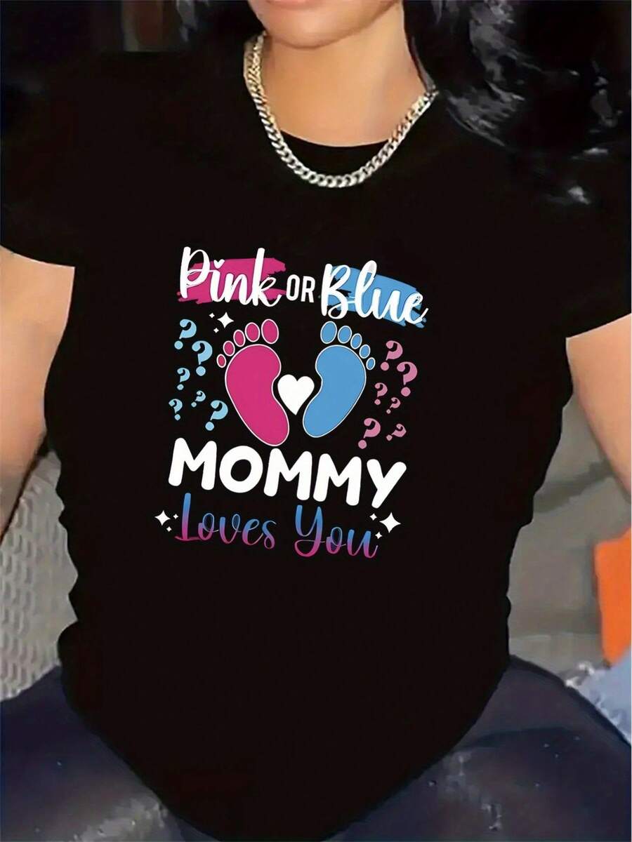 Maternity Short-Sleeved Polyester T-Shirt, Loves You Design In Pink Or Blue, For Wearing At Home, Durable And Comfortable Fabric, Perfect For Wearing In The Living Room, Stylish And Lightweight Blouse For Casual Outfits. - 黑色 - 查看 1