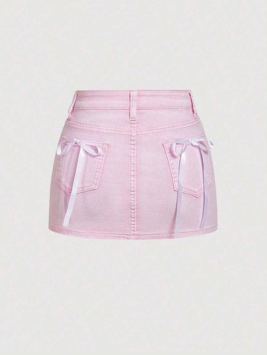 Falda mini de mezclilla con decoración de lazo para verano - Rosa Pálido - Ver 1