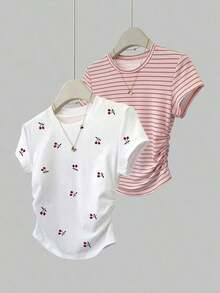 Set de 2 blusas de verano para mujer, camisetas con cintura ceñida, diseño de unicolor, burdeos y negro clásicos, de alta gama, para estudiantes, uso casual diario, adecuado para salir, ir de compras, usar en la oficina - Multicolor - Ver 5