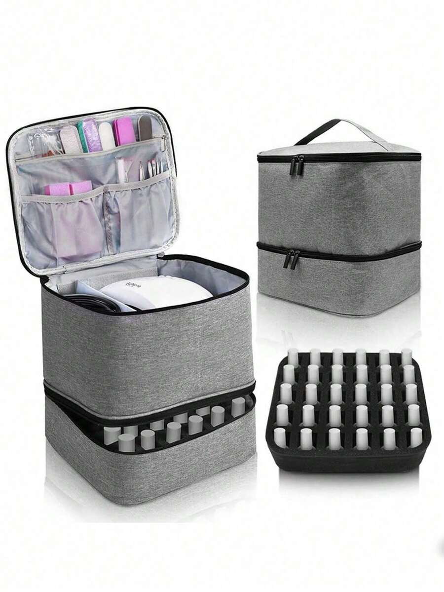 Double Layer Cosmetic Storage Box With Removable Nail Polish Organizer Liner, Large Capacity Makeup Storage Bag, Suitable For Travel, Vanity, Salon And Home Use - Grey - View 1