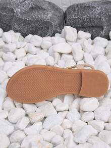 1 Pasang Sandal Datar Tenun Bunga Musim Panas untuk Remaja, dengan Tali Warna-warni dan Detail Rhinestone Bunga, Sandal dengan Tali Pergelangan Kaki Elastis - Krem - View 9