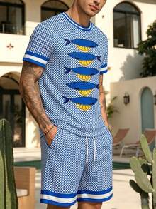 Men's Summer Vacation Fish Print Round Neck Short Sleeve T-Shirt And Casual Shorts Set - Multicolor - View 1