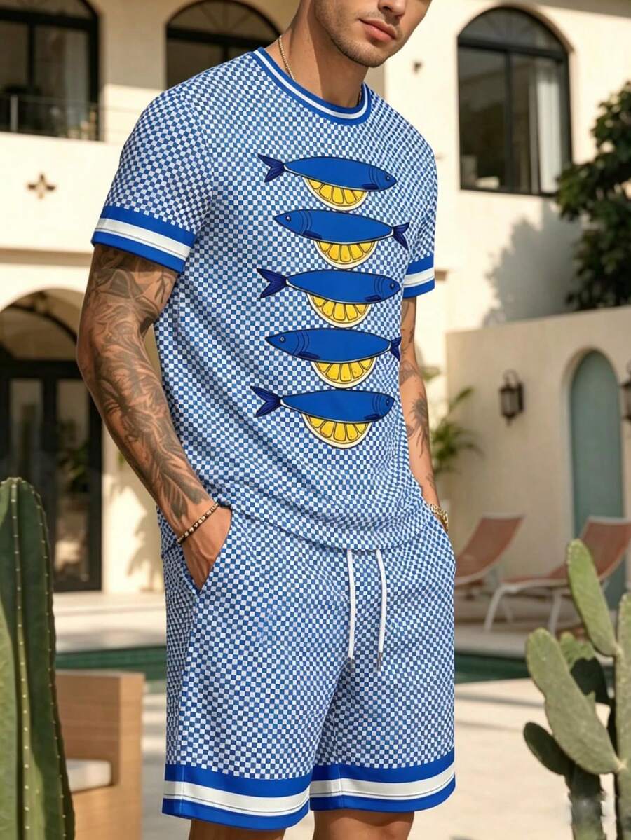 Men's Summer Vacation Fish Print Round Neck Short Sleeve T-Shirt And Casual Shorts Set - Multicolor - View 1