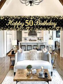 1pc Black Gold 50th Birthday Banner, Happy Birthday Backdrop, 50th Birthday Hanging Flag, Birthday Party Supplies, Background Cloth, 50th Birthday Gifts, Party Favors, Photo Props, Birthday Decoration For Home, Room Decoration, Wall Decoration, Outdoor Fence Decor - Black and Gold 50th Birthday - View 6