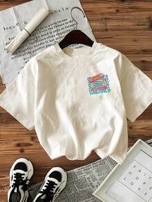 Top Casual de Primavera/Verano para Mujer, Estilo Fresco, Estampado de Sardinas, Limones y Aceite de Oliva, Camiseta Corta de Moda con Cuello Redondo - Albaricoque - Ver 2