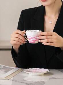 DearDali 一套200毫升渐变玫瑰花瓣陶瓷杯碟，奢华金边咖啡杯，欧式风格花卉纹理带把手马克杯，耐热陶瓷材质，适用于咖啡、茶、牛奶，居家/办公/下午茶皆宜 - 彩色 - 查看 8