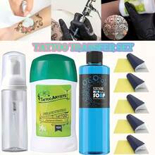 Bộ dụng cụ chuyển hình xăm, bao gồm xà phòng xanh, gel chuyển hình xăm, chai tạo bọt và giấy chuyển hình xăm, dụng cụ chuyển hình xăm, vật tư và phụ kiện xăm hình. - Xem 1