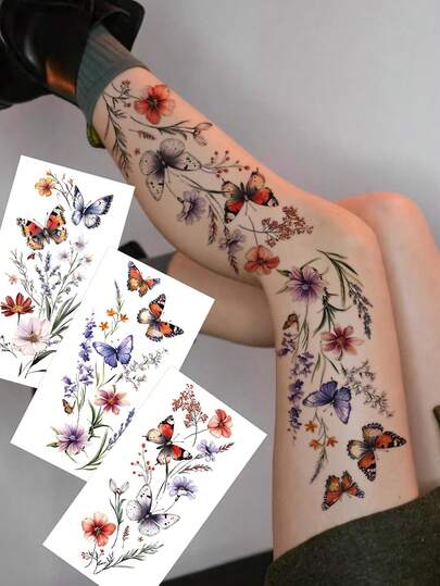 3张极简主义手指临时纹身贴纸，图案包括树叶、蝴蝶、花朵、钻石、心跳、音符等，个性化小设计，防水逼真，适用于手指、耳朵、肩膀、脖子、衣领等部位，适合日常DIY、派对、节日礼物等。