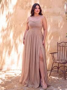 Faeriesty Plus Size Strapless Evening Gown, Ruched Bust And Bodice Design, Floor-Length Flowing Cut Party Wedding - Khaki - View 3