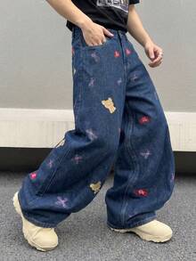 Jeans anchos y sueltos con bordado de oso de peluche y corazón, estilo Y2K, adecuados para uso casual diario y en el hogar - Azul - Ver 5